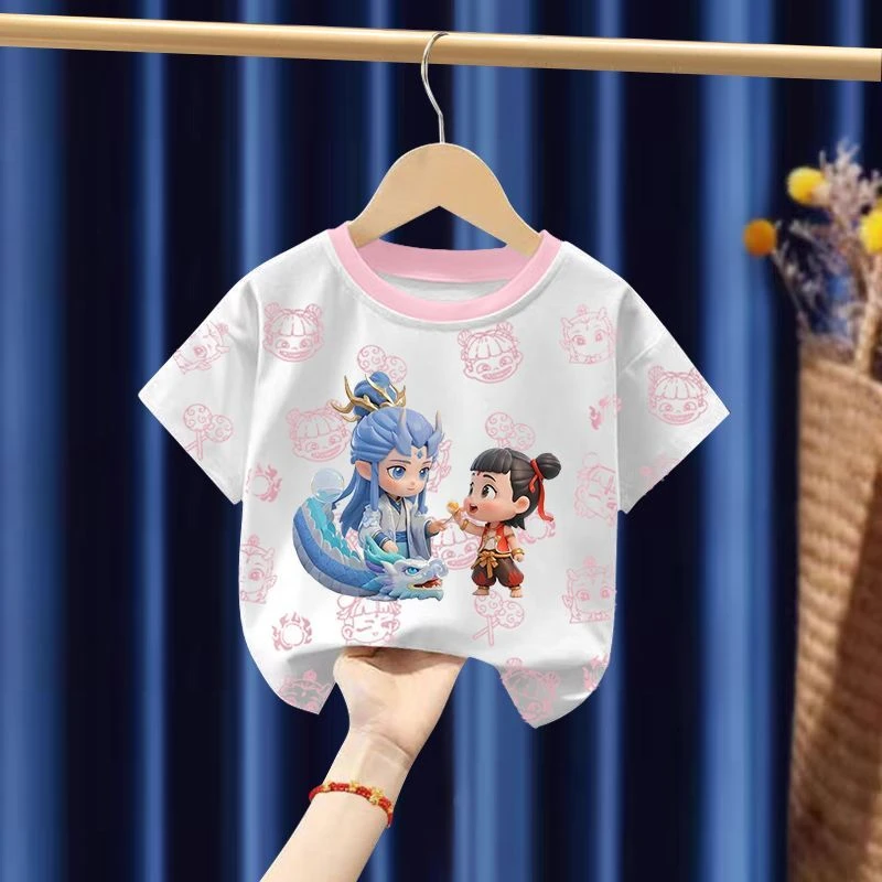 纯棉短袖中小儿童哪吒T恤夏季装新款女孩子宝宝半袖洋气外穿上衣