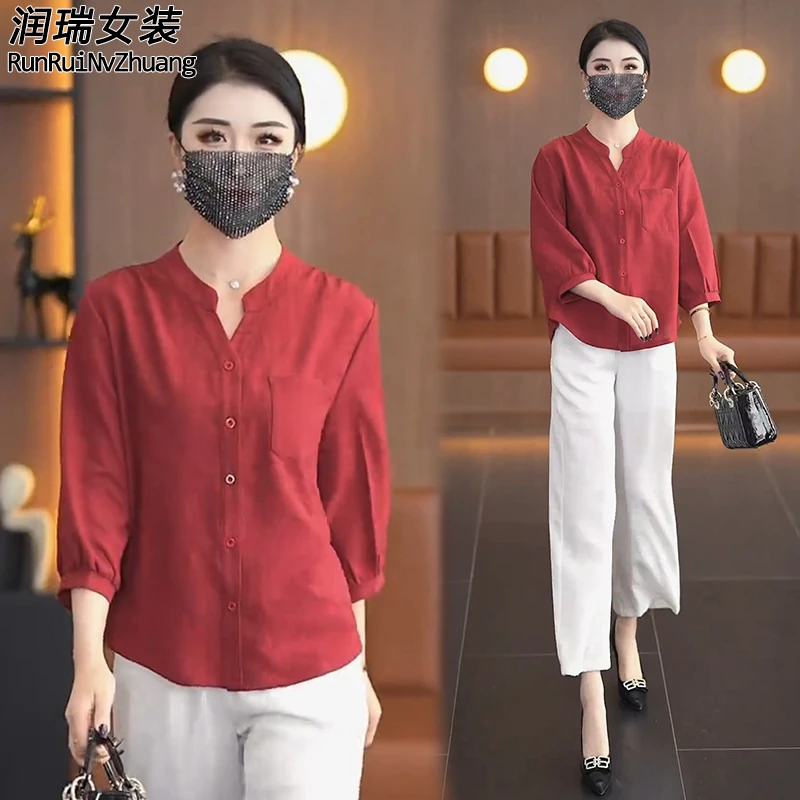 时尚夏季休闲衬衫女2025新款洋气中袖妈妈宽松显瘦减龄衬衣上衣潮