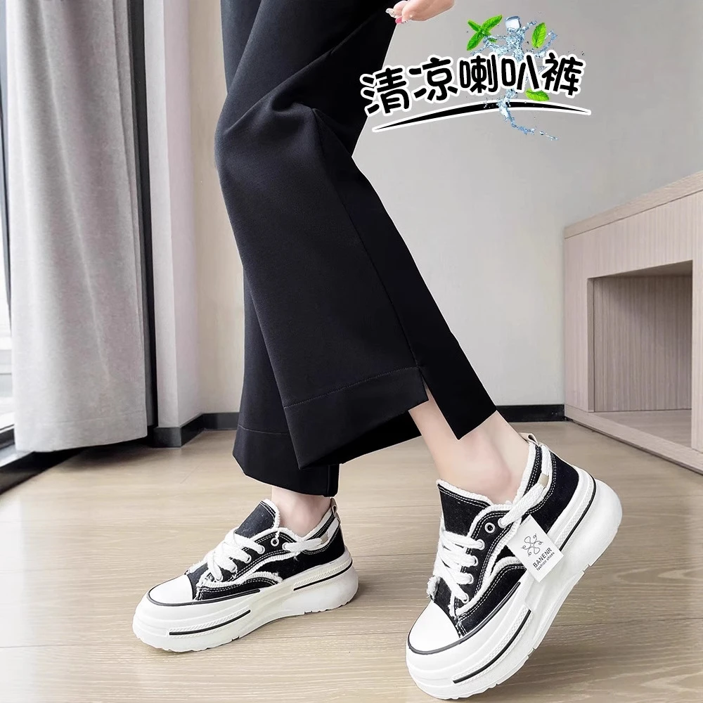 开叉喇叭裤女生夏季薄款高腰垂感2025新款小个子九分不规则微喇裤