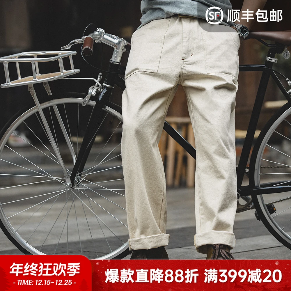马登工装秋季复古棉籽壳米白色休闲牛仔裤耐磨宽松直筒长裤子男秋