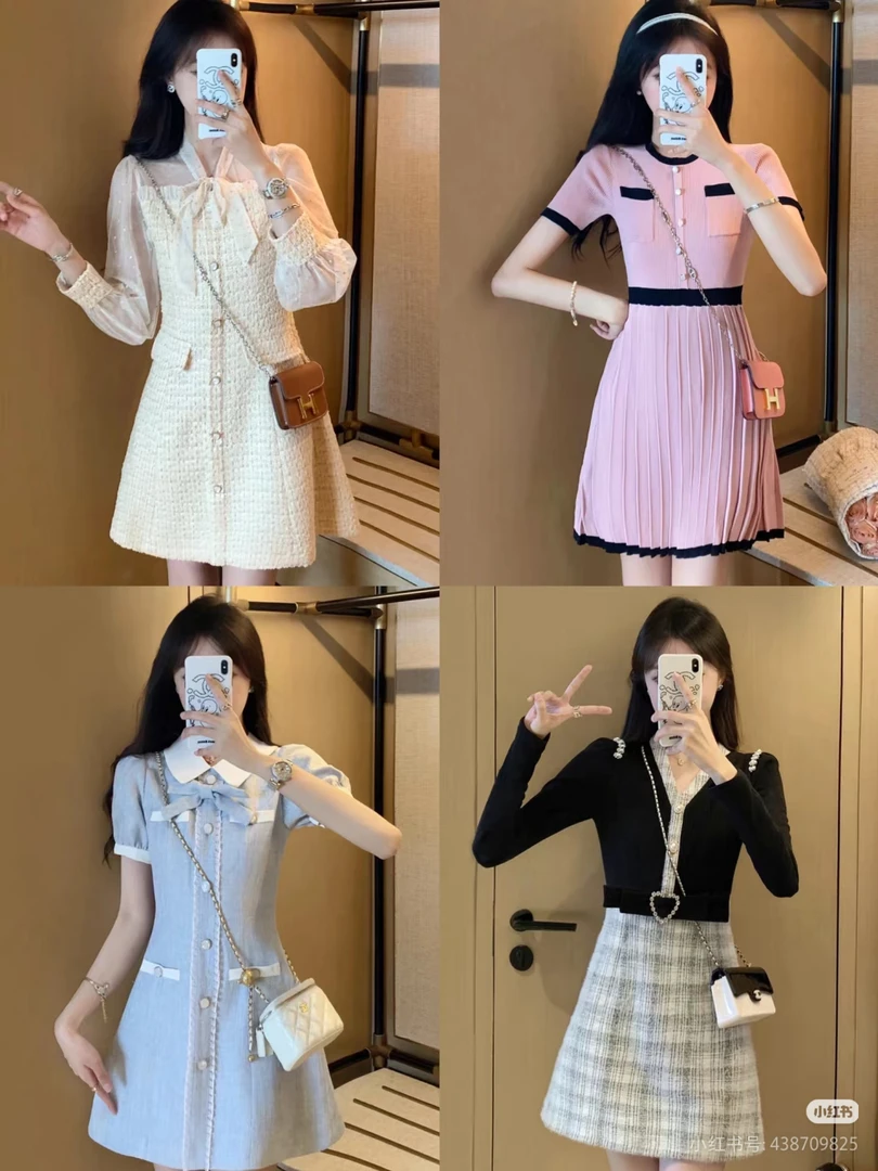 A501-600高级感气质长袖连衣裙收腰显瘦中长款春秋2025新款