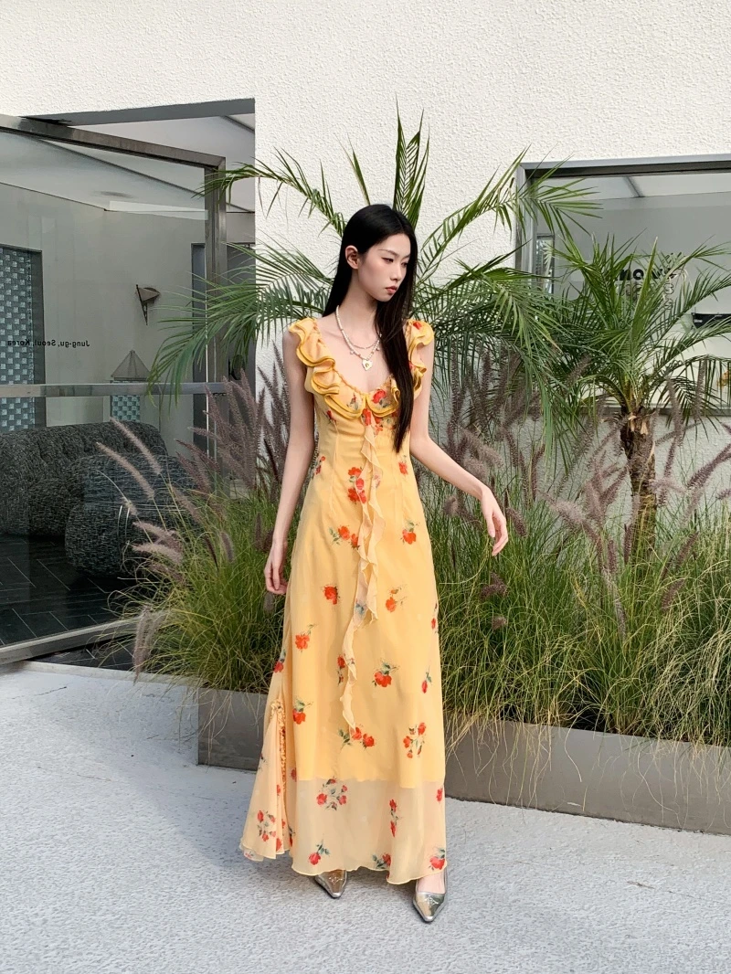 夏季黄昏玫瑰花边V领收腰显瘦碎花连衣裙鱼尾长裙