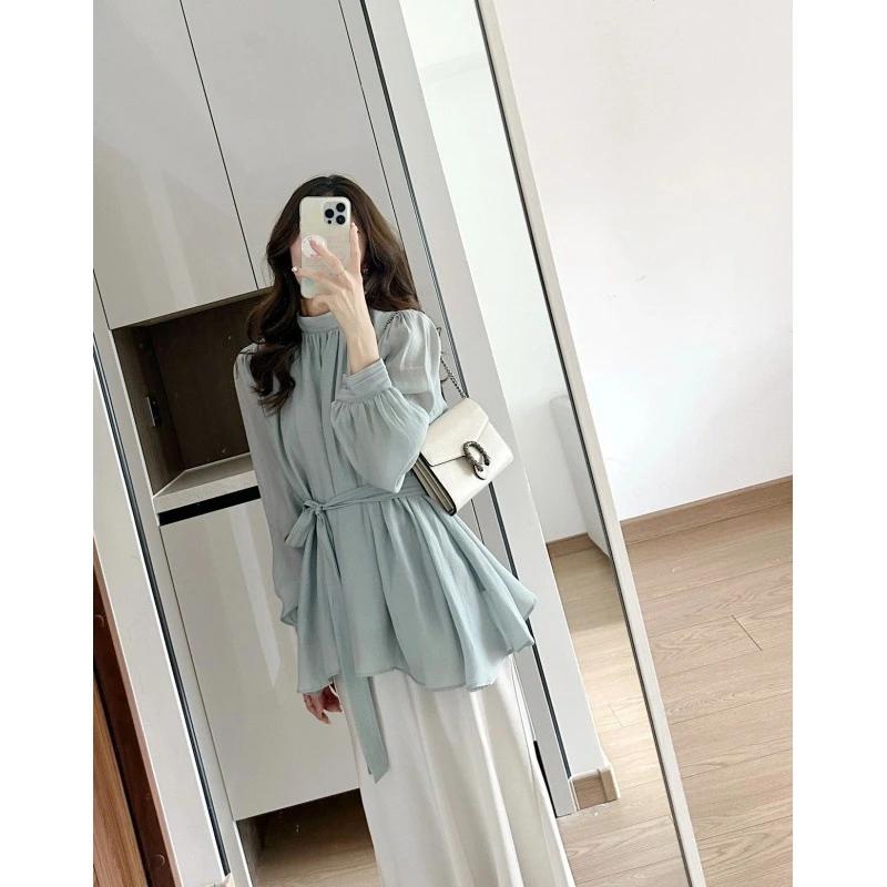 式气质绑带收腰显瘦灯笼袖仿天丝上衣缎面抽绳半身裙两件套2025