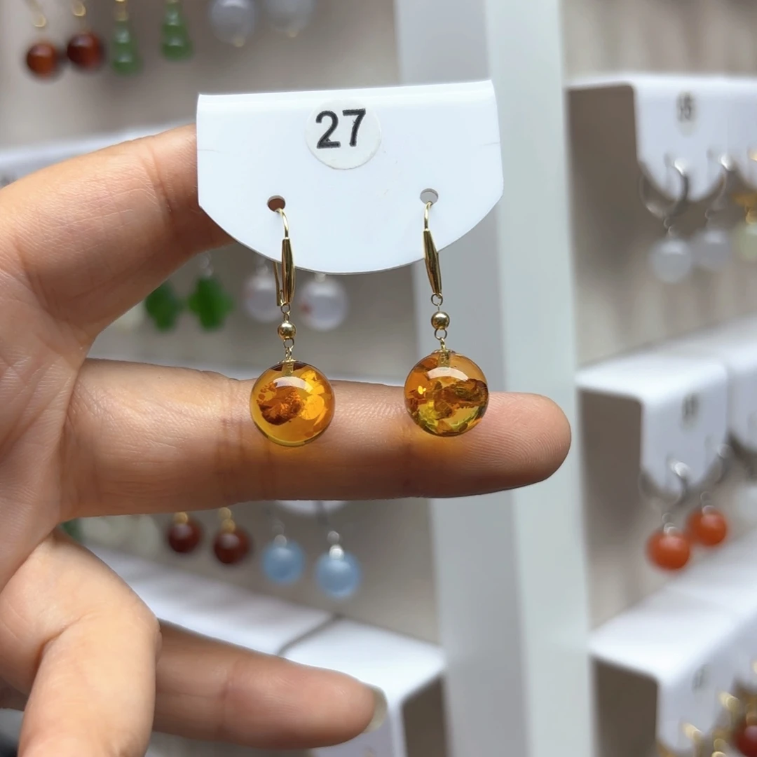 18K金镶嵌琥珀（花珀）耳饰花珀