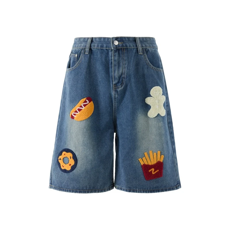 美式复古oversize汉堡薯条毛巾绣牛仔短裤男女情侣运动休闲五分裤