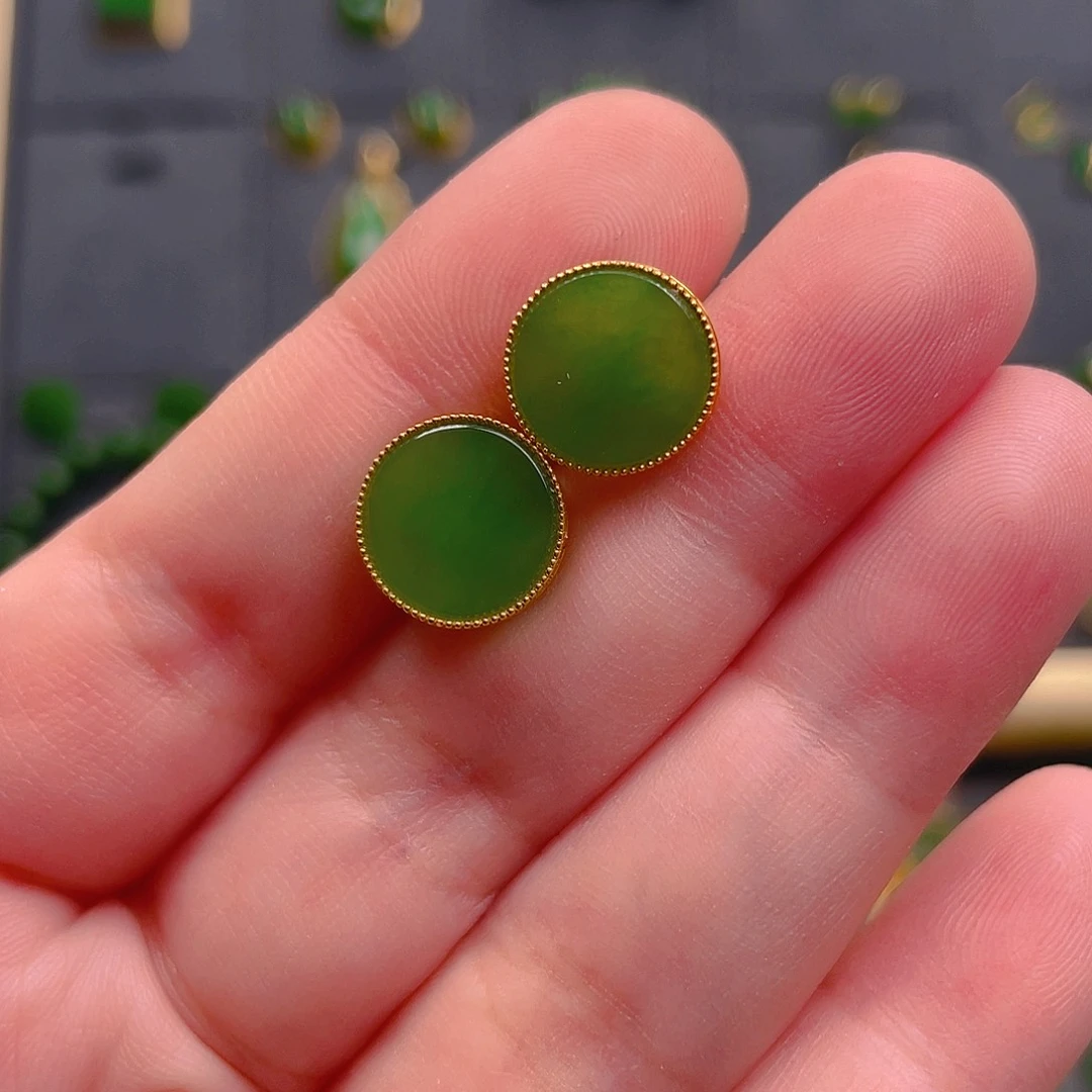 和田玉18K金镶嵌耳饰1580