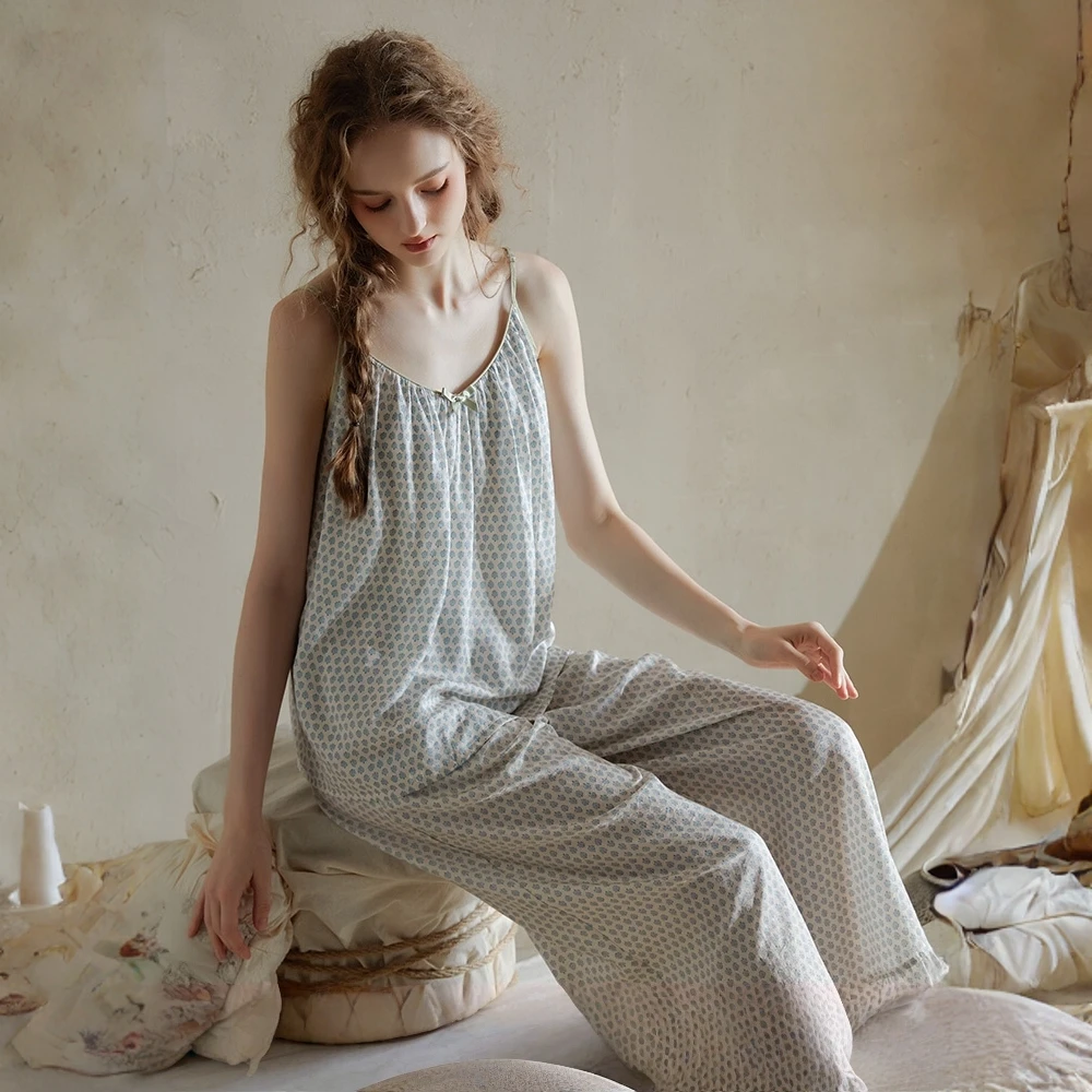 巴韦那奇印花吊带睡衣夏季冰丝凉感性感薄款仿丝绸家居服套装外穿