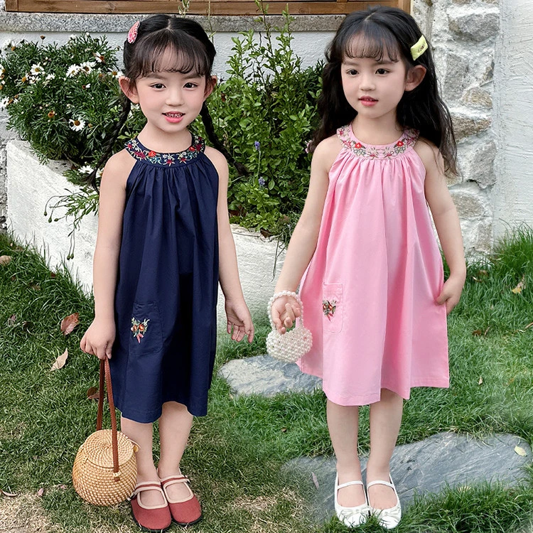 2025新款夏季甜美粉色连衣裙女童刺绣花朵公主裙百搭度假风裙子