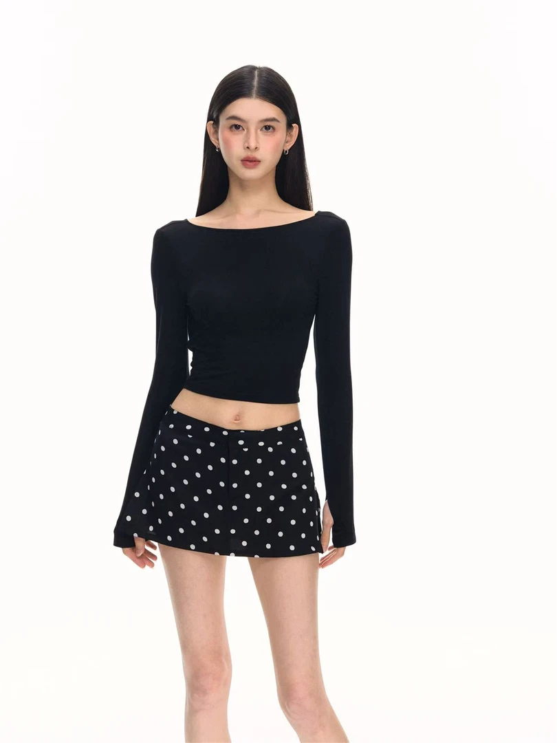 【CHUN ZI】黑色T恤弹力修身显瘦露背运动长袖上衣