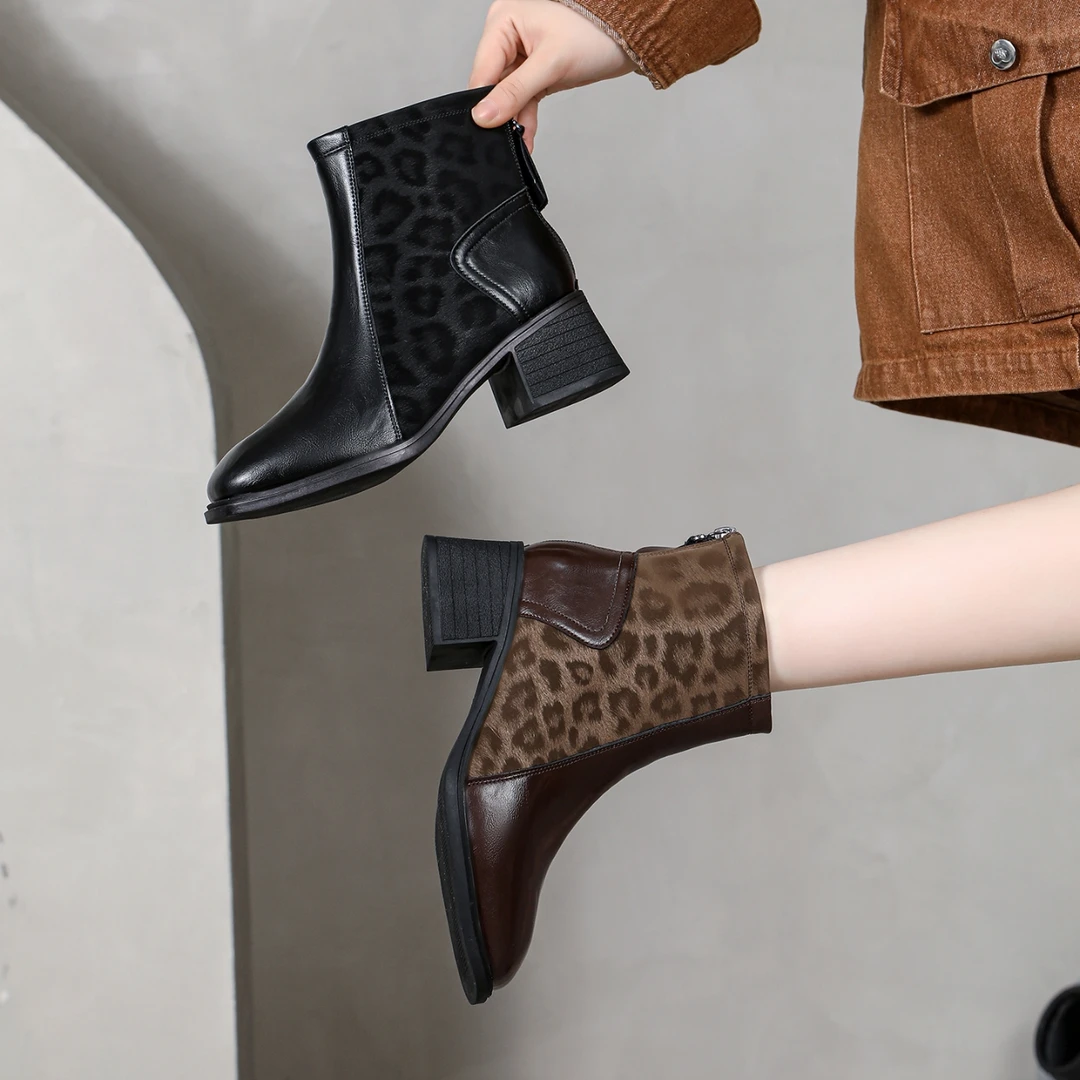 【纤芙森女鞋】2002豹纹粗跟短靴高跟圆头靴子复古法式简约