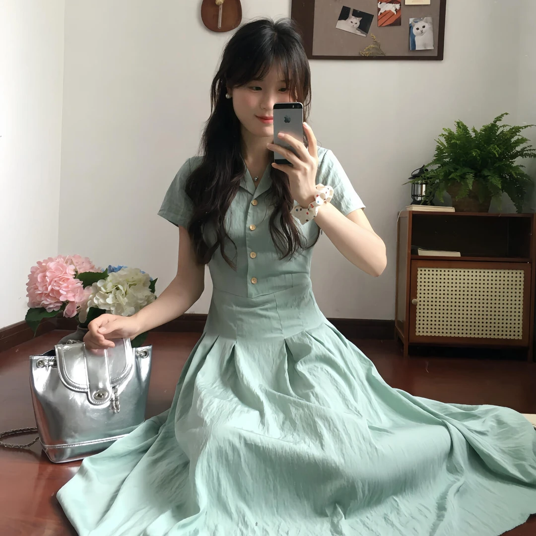 5603法式高级感绿色衬衫连衣裙子女夏季可爱风格衣服掐腰气质长裙