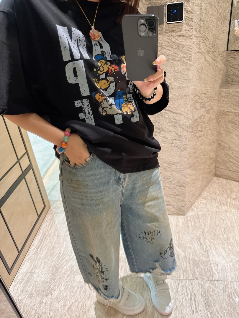 【sKycaptian】米奇阔腿七分裤做旧洗水牛仔裤#SK02875