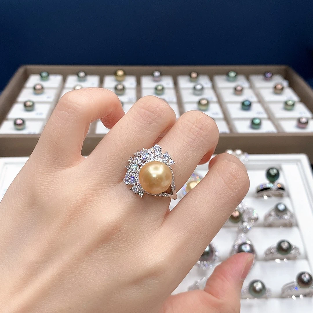 银S925镶嵌戒圈海水珍珠天然海水南洋金珠戒指
