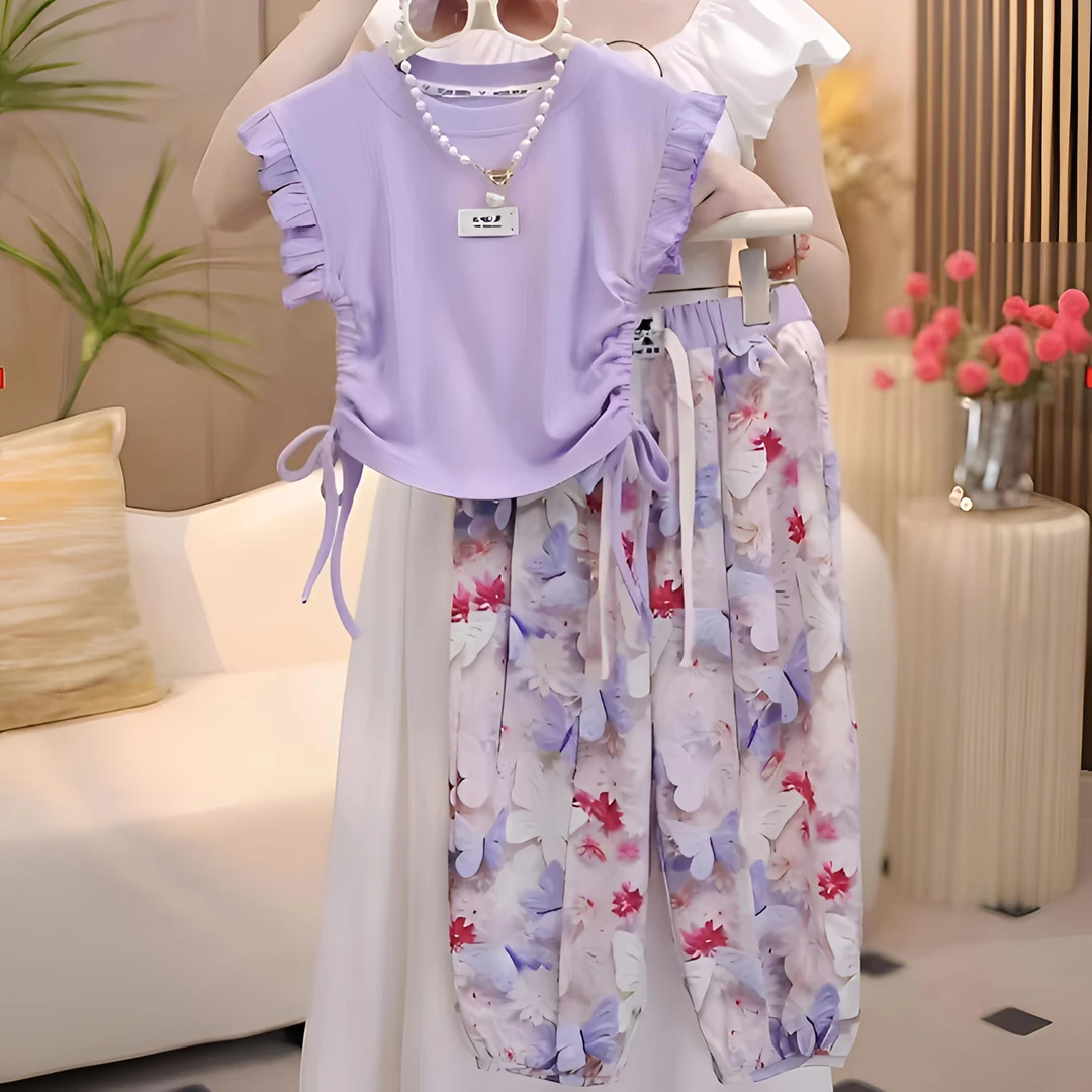 小女孩女童夏季套装新款甜酷小飞袖抽绳上衣防蚊长裤两件套