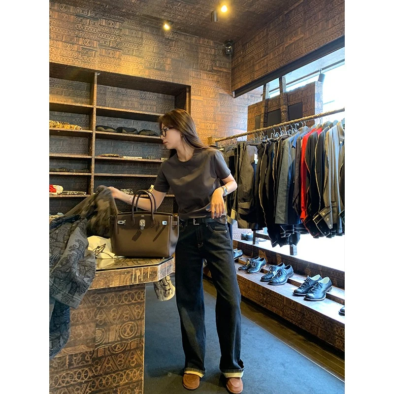 阿昕亮晶晶 三分之二深藏不露 神裤系列谱蓝色直筒牛仔裤AX240549