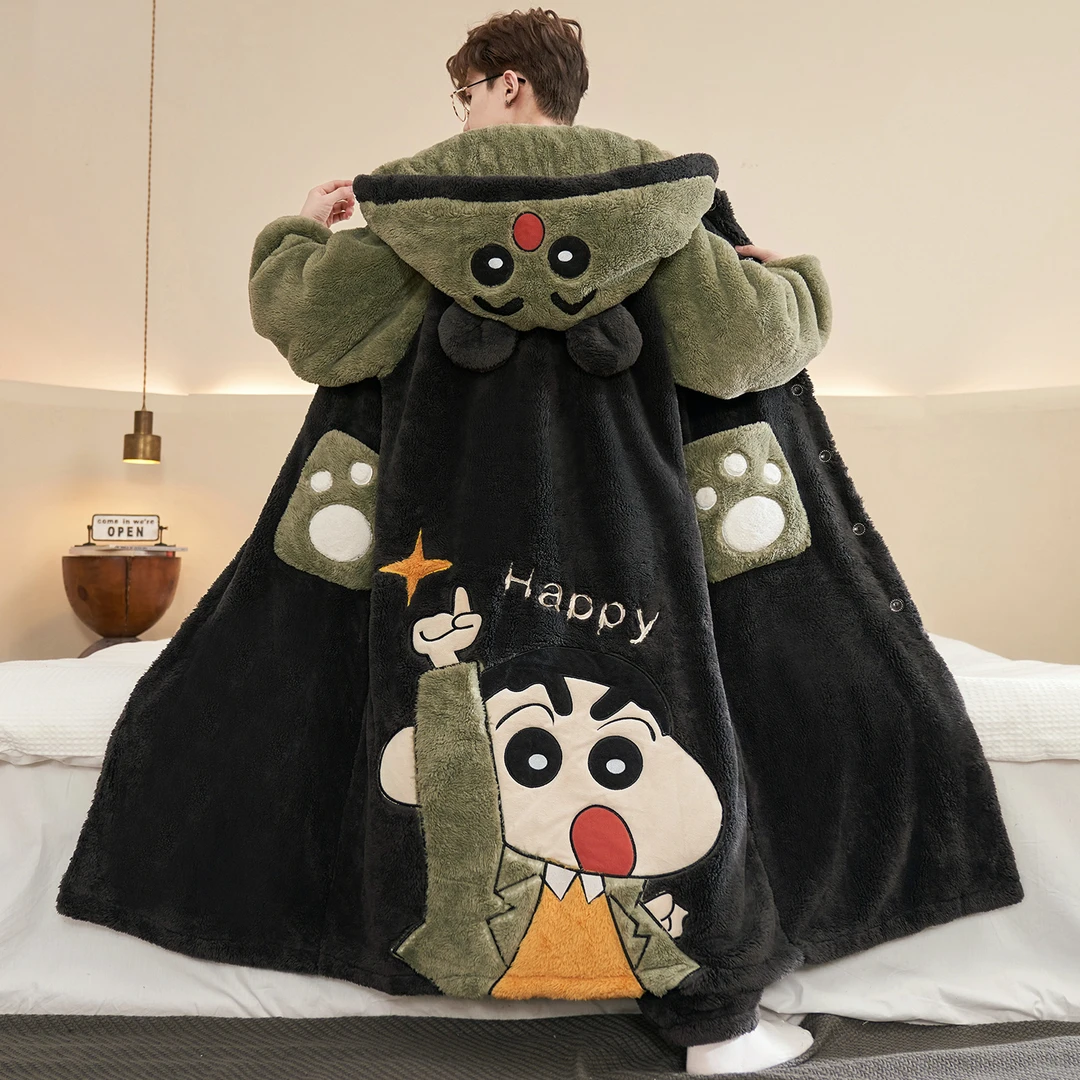 珊瑚绒睡衣男秋冬季睡袍加绒加厚法兰绒卡通青少年男士浴袍家居服