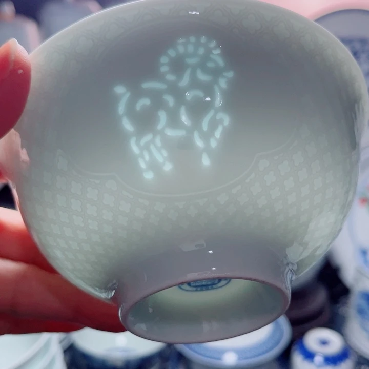 青花玲珑5寸饭碗生肖。羊