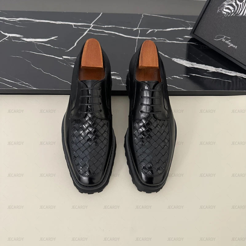 高级感英伦风商务休闲系带编织款系带男款德比鞋厚底增高款男皮鞋
