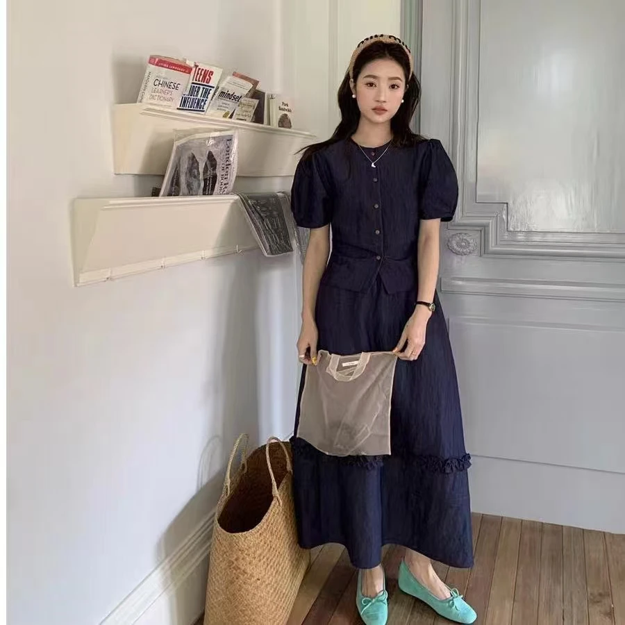 2025夏季新款法式圆领泡泡袖小衫+半身裙气质百搭两件套