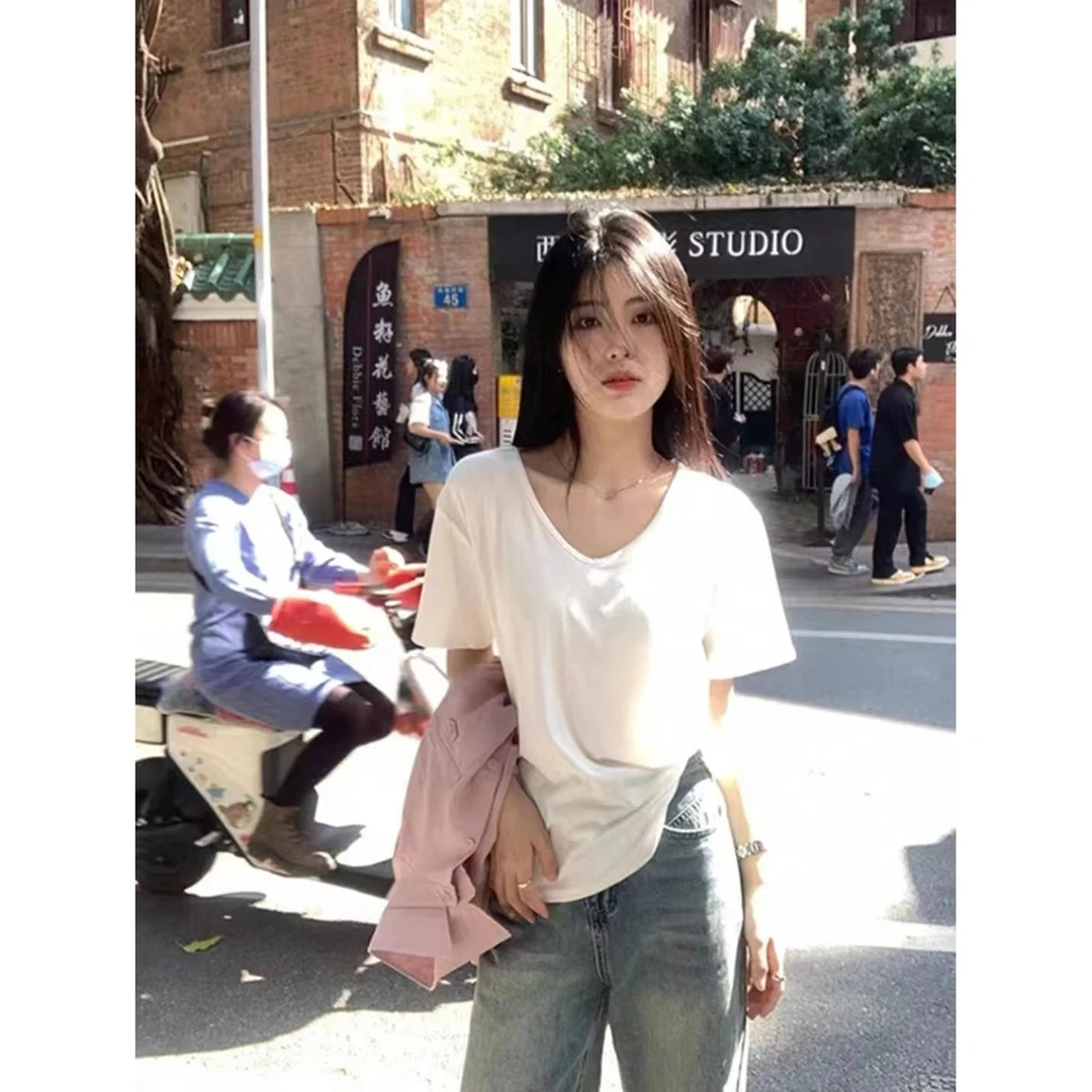 【纯棉】230克纯棉春季韩系简约宽松U领正肩纯色大众休闲慵懒风T恤