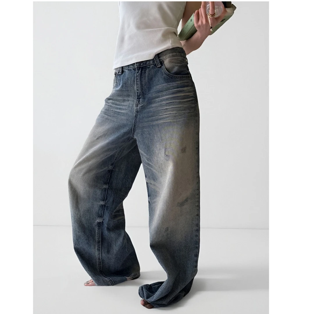 芙沿灰色背心显瘦上衣女2025夏季美式复古后破洞牛仔裤高腰直筒裤