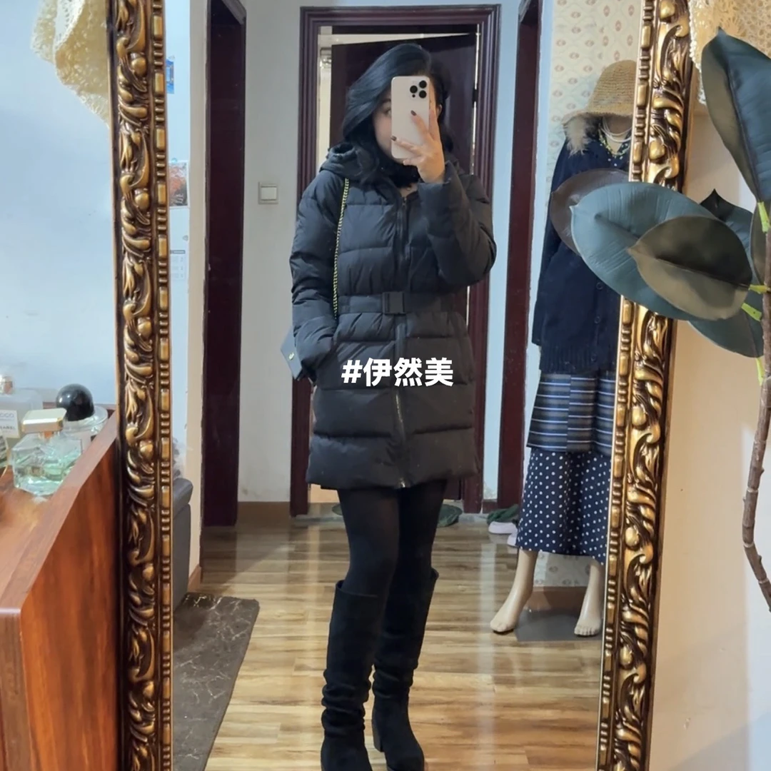 中长款连帽纯色百搭气质修身加厚拉链，可收腰自带腰带
