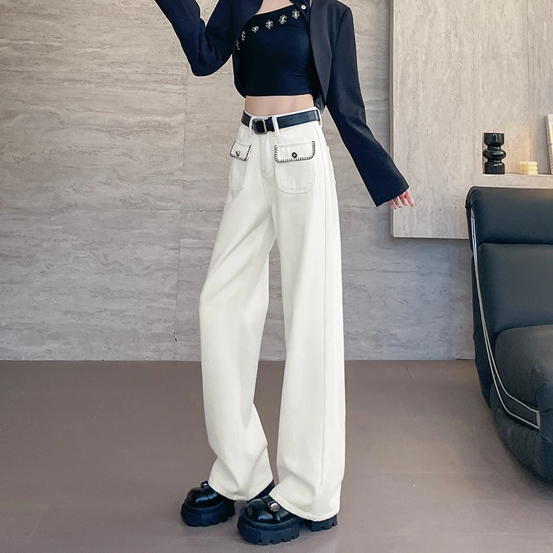 米白色窄版直筒牛仔裤女长裤新款显瘦时尚百搭高腰阔腿裤子