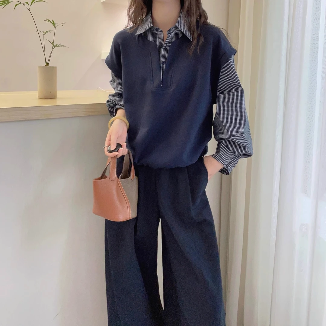 拉夏贝尔独特假两件拼接格子长袖衬衫女2025秋季新款胖mm衬衣上衣