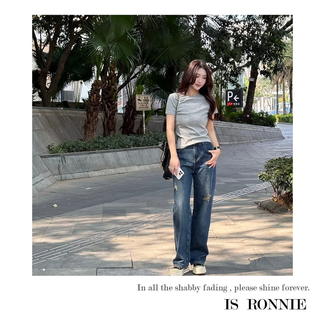 Is Ronnie【麦恩莉】100%棉复古洗水破洞高腰直筒裤牛仔裤子508018