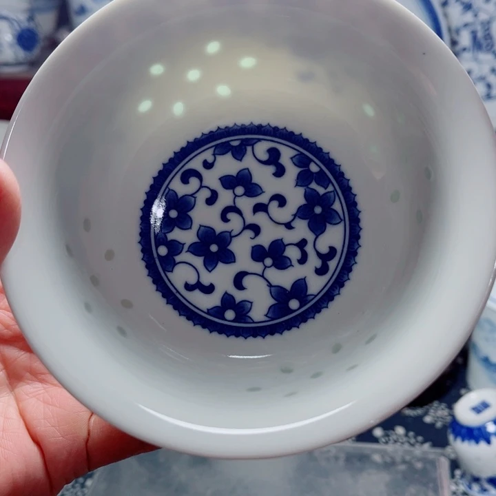 青花玲珑5寸饭碗紫荆花无花