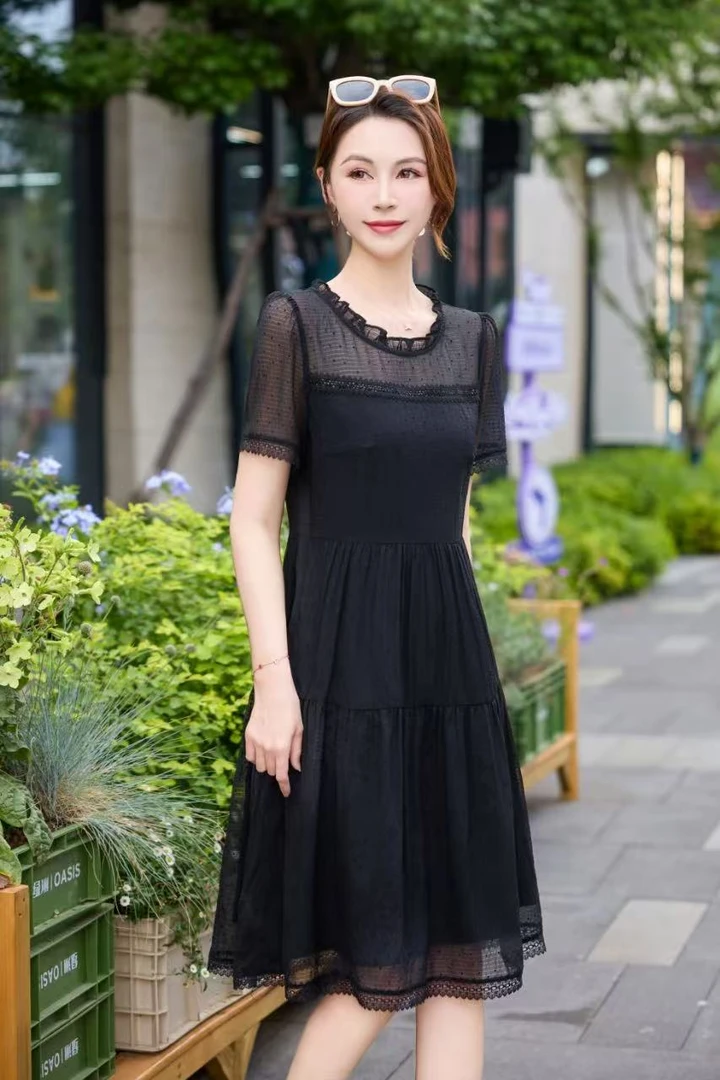 女装短袖黑色连衣裙波点长裙通勤夏季不褪色拼接夏装宴会连衣裙