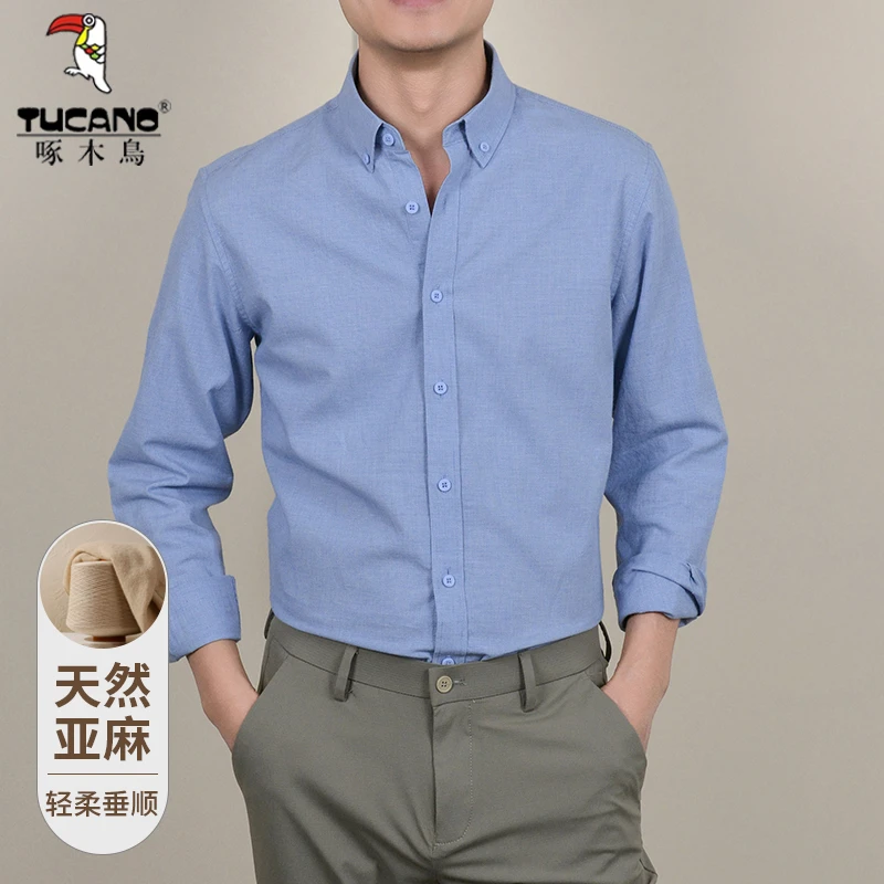 TUCANO/啄木鳥天丝亚麻衬衫男春季新款休闲商务寸衫中年长袖衬衣