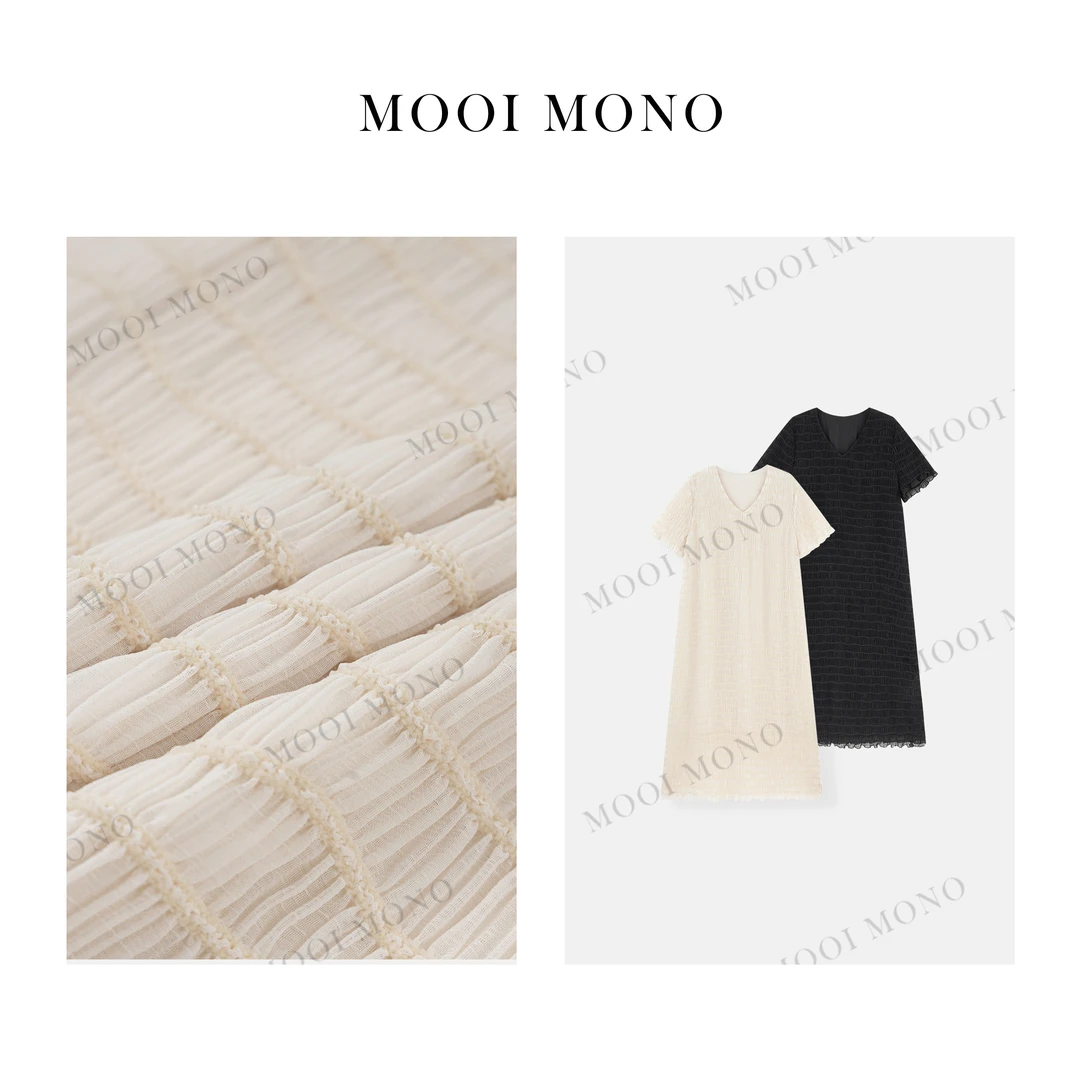 MOOI MONO“欧若拉”显瘦百搭气质V领短袖肌理感长款连衣裙 L714H52