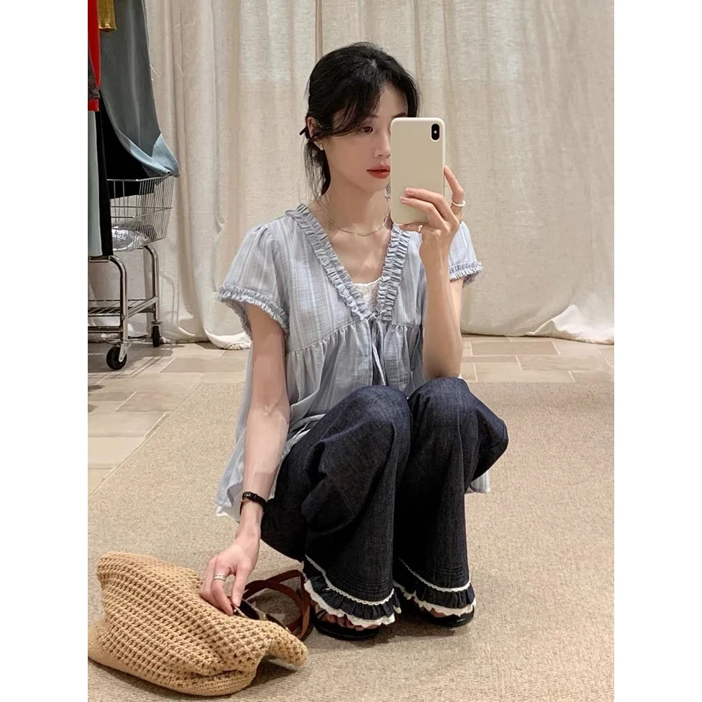 甜美小清新棉料假两件花边短袖小衫