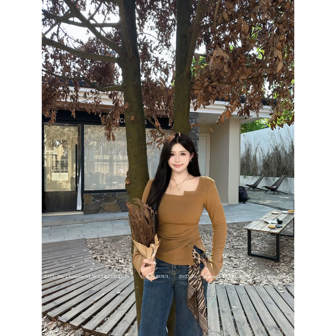 【现货】【秋日鎏金】温与柔方领甜美清新复古辣妹风T恤设计感打底衫