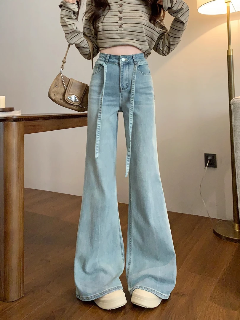 浅蓝色高腰微喇牛仔裤女春季宽松不贴腿弹力垂感休闲喇叭拖地长裤