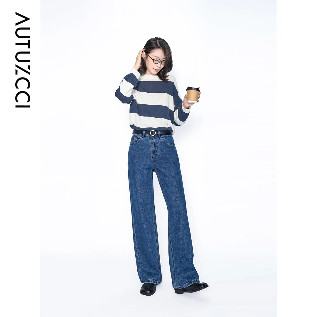 AUTUZCCI女水洗中高腰直筒常规丹宁风牛仔裤厚款秋冬季MQ115