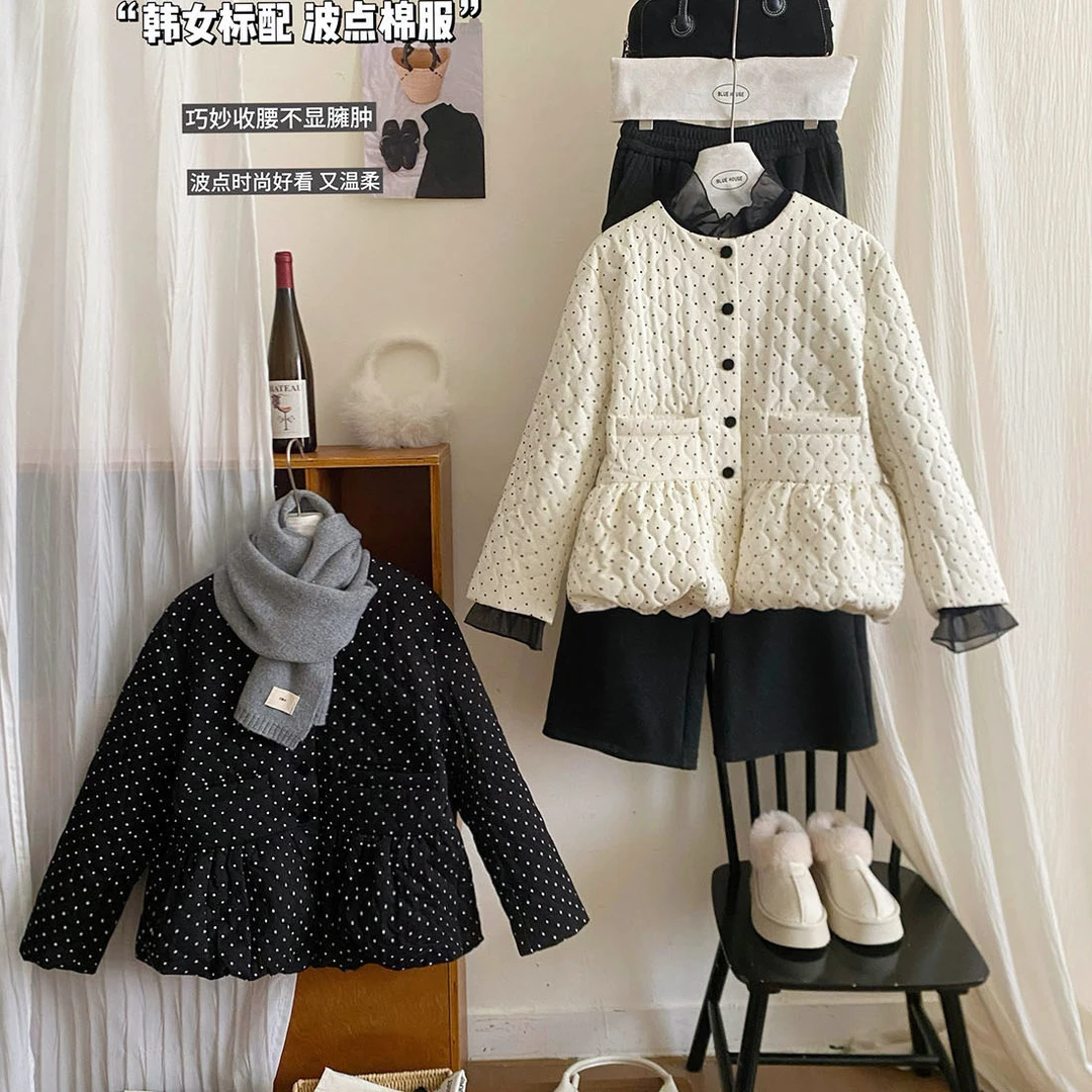 韩国圆领波点花苞收腰棉服外套女冬季葫芦格压线甜美复古棉服棉袄