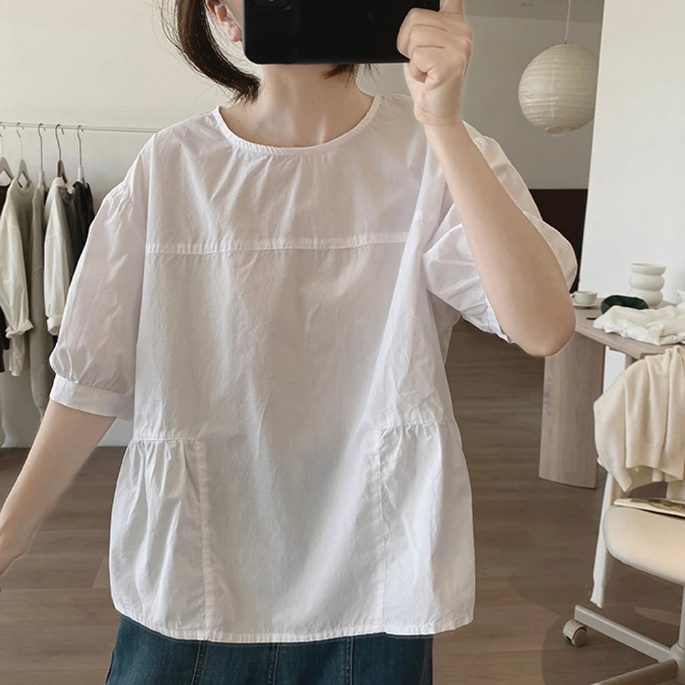 甜美清新时尚洋气百搭夏季新款宽松纯棉圆领泡泡袖显瘦基础款衬衫