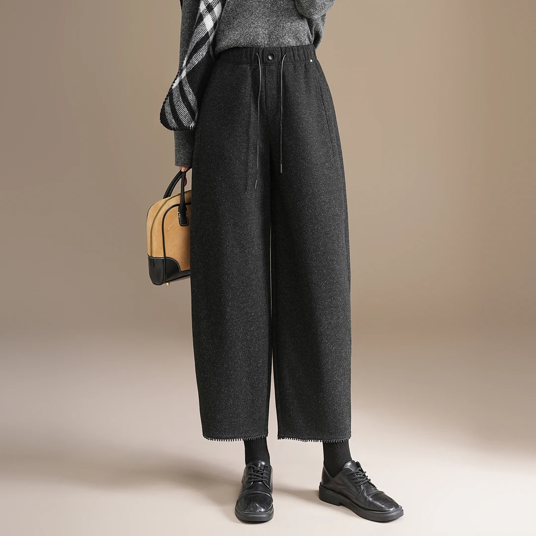 羊毛呢九分哈伦裤女秋冬2025新款松紧腰宽松遮肉休闲裤直筒萝卜裤