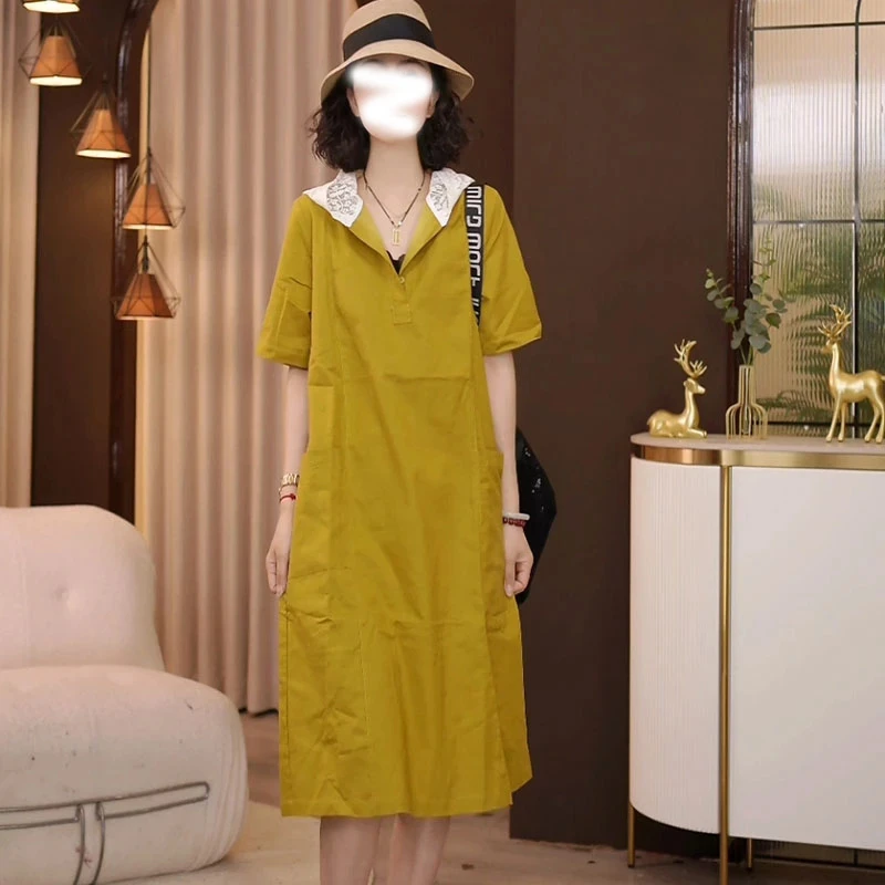 韩系蕾丝拼接连帽短袖连衣裙女2025夏季新款时尚气质宽松长款裙子