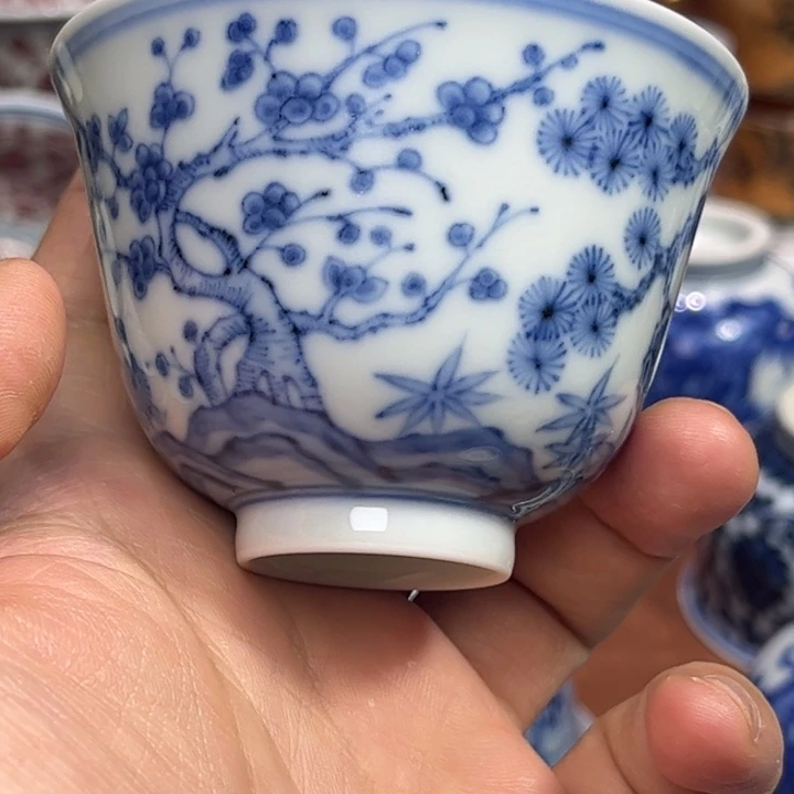 摆件陶景德镇陶瓷青花松竹梅铃铛杯