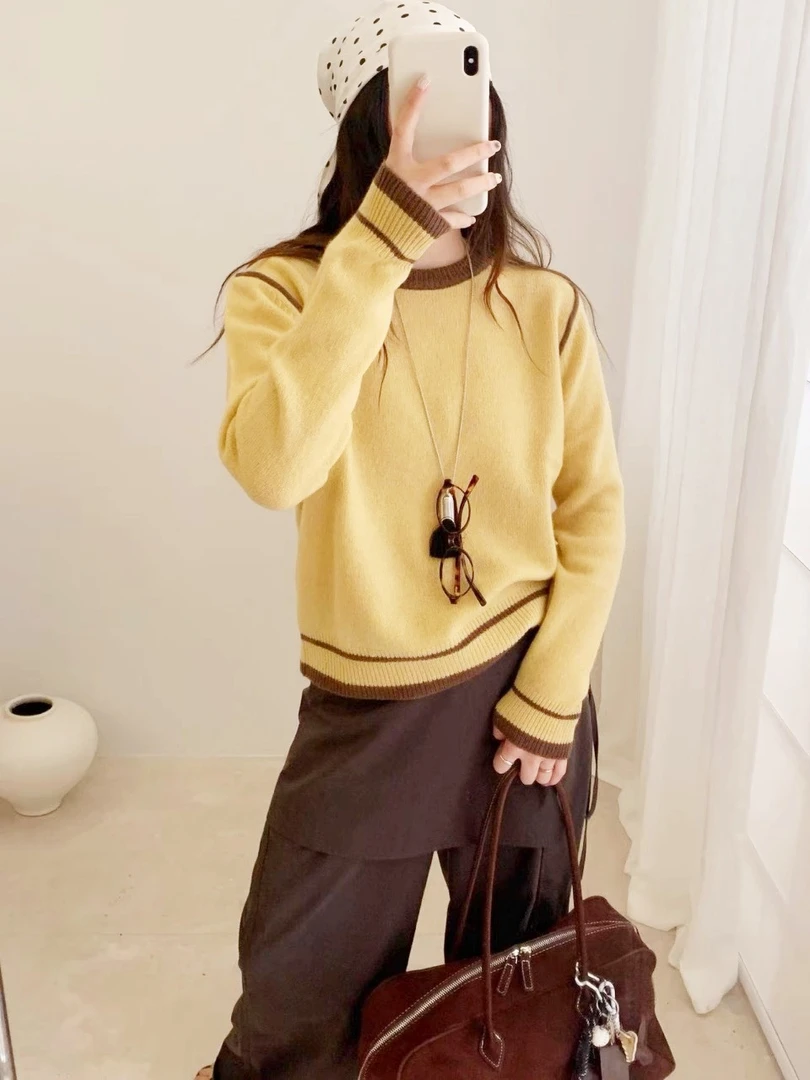 撞色圆领套头慵懒毛衣秋冬韩系宽松百搭针织时尚软糯长袖上衣T66