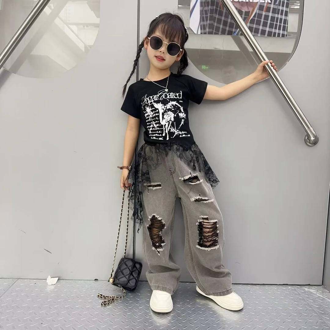 女童韩系破洞牛仔裤套装夏季2025新款中大童洋气直筒裤百搭阔腿裤