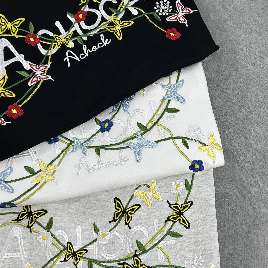 AC蝴蝶刺绣  圆领短袖美式轻奢潮流  男女同款