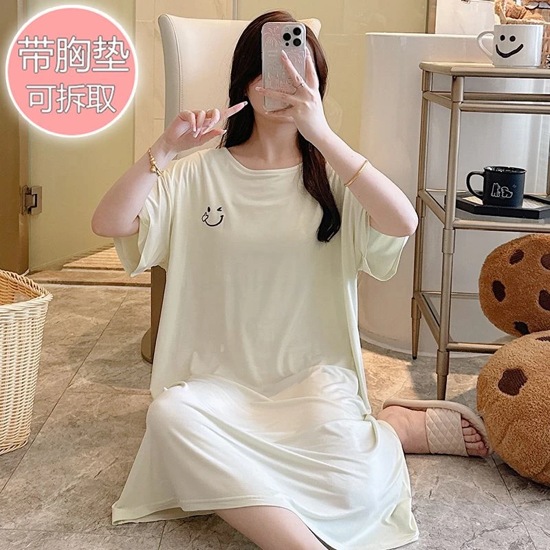 加大码胖MM睡裙女宽松夏季短袖莫代尔带胸垫睡衣家居服休闲加肥