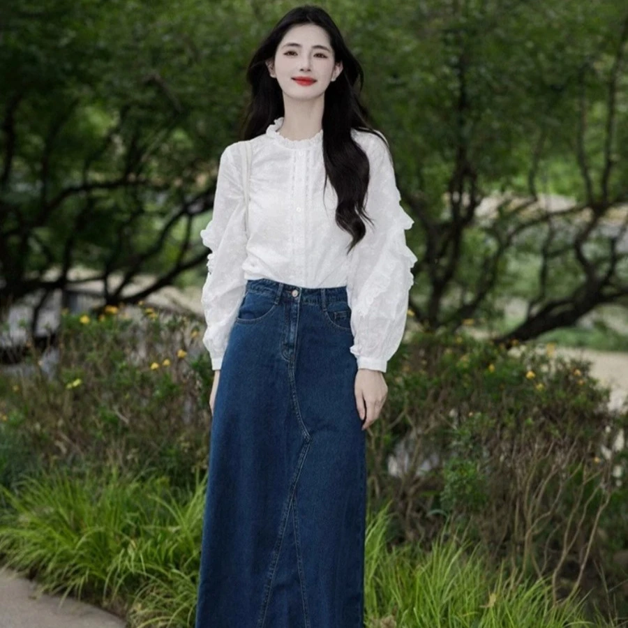 早秋穿搭套装2024小个子韩风chic森系穿搭白色衬衫牛仔半身裙套装