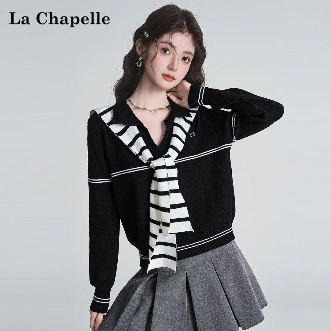 拉夏贝尔2025秋慵懒风针织衫女撞色条纹设计感披肩长袖打底衫上衣