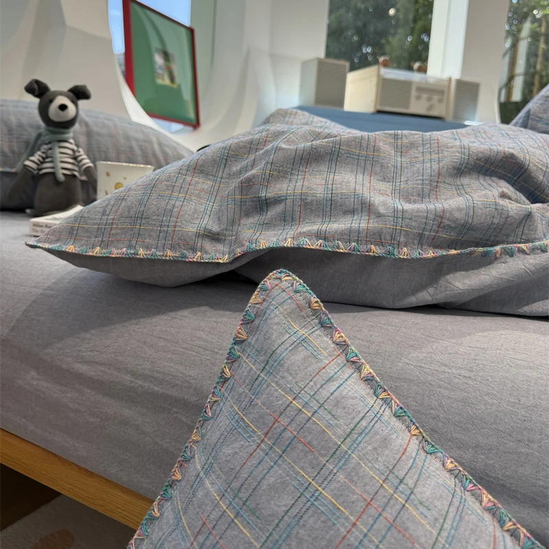 易安阁ins风少女心水洗棉彩边条纹蓝色四件套1.5m1.8床单被套宿舍