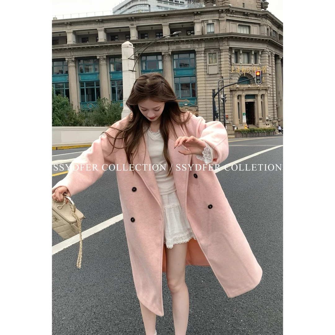 SSYDFER【柏林粉雾】气质时尚百搭女士长款秋冬羊毛混纺毛呢大衣